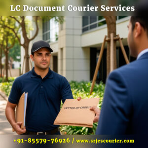 Courier in navy uniform delivering a labeled Letter of Credit envelope to a business professional outside an office