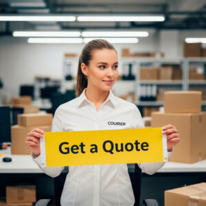 Female courier in white uniform holding a yellow sign that says "Get a Quote" in a parcel-filled office