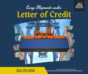 Cargo container being loaded at port with text highlighting secure Letter of Credit shipments for Tri-City businesses